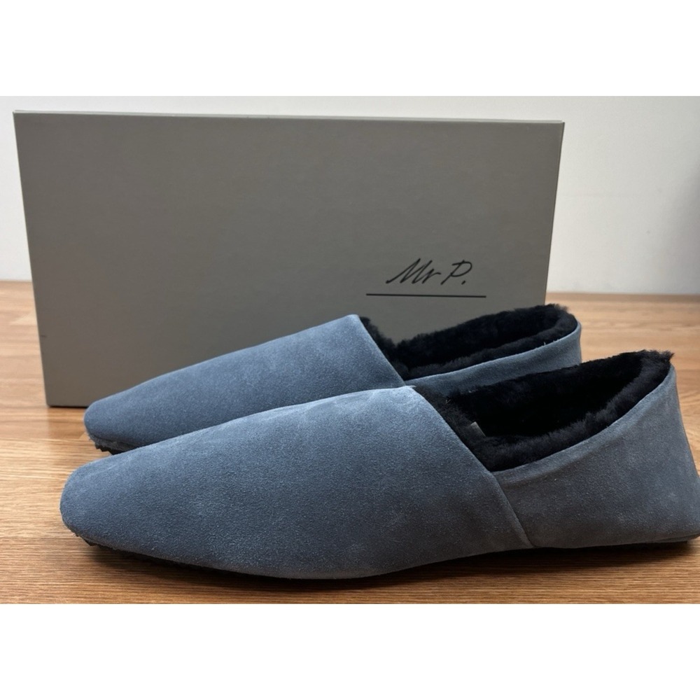 Mr Porter Mr P Suede Slippers Blue Size 11 Mens Slip-on Faux Fur Lined NEW